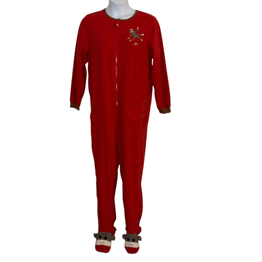 Nick & Nora Red Sock Monkey Pajamas Womens XL Footie Unionsuit PJs Costume Solid